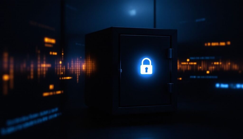 A modern digital lock on a secure vault with glowing lines of code and a protective shield icon. Network security cryptography: Encryption and cryptographic techniques protecting data and securing communication.