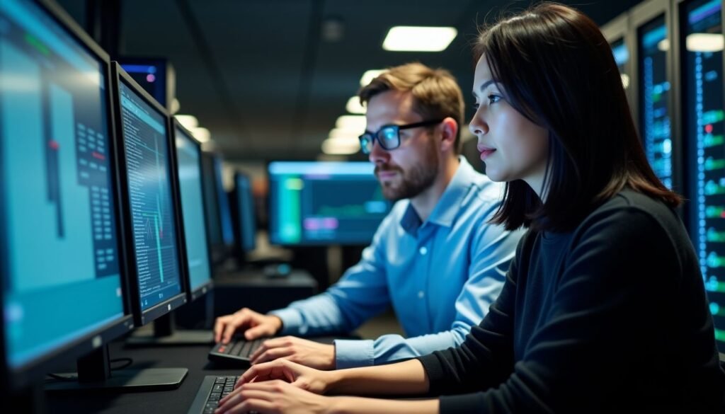 Two network security professionals work on AI-integrated security tasks in server room. How AI Enhances Network Security