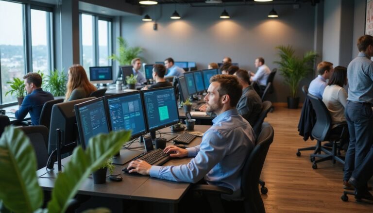 Cybersecurity professionals using Fortinet network security tools in a modern office environment